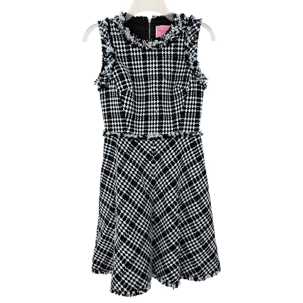 Kate Spade Tweed Fit & Flare Dress Size 2 Black Blue Pearl Embellished Fringe